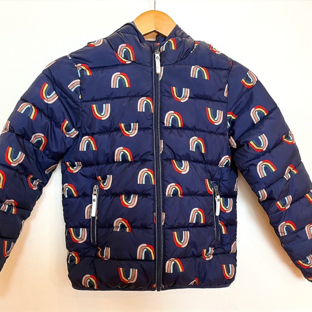 Hannah Andersson Hooded Puffer Rainbow Coat, size 8